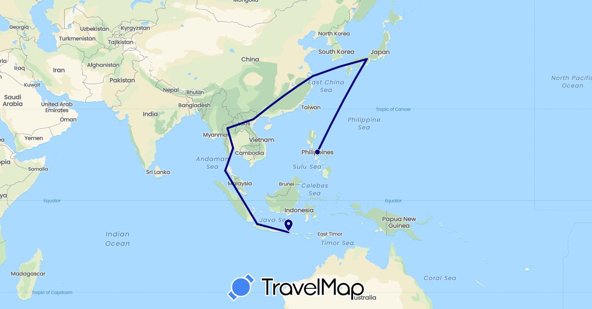 TravelMap itinerary: driving in China, Indonesia, Japan, Philippines, Thailand, Vietnam (Asia)
